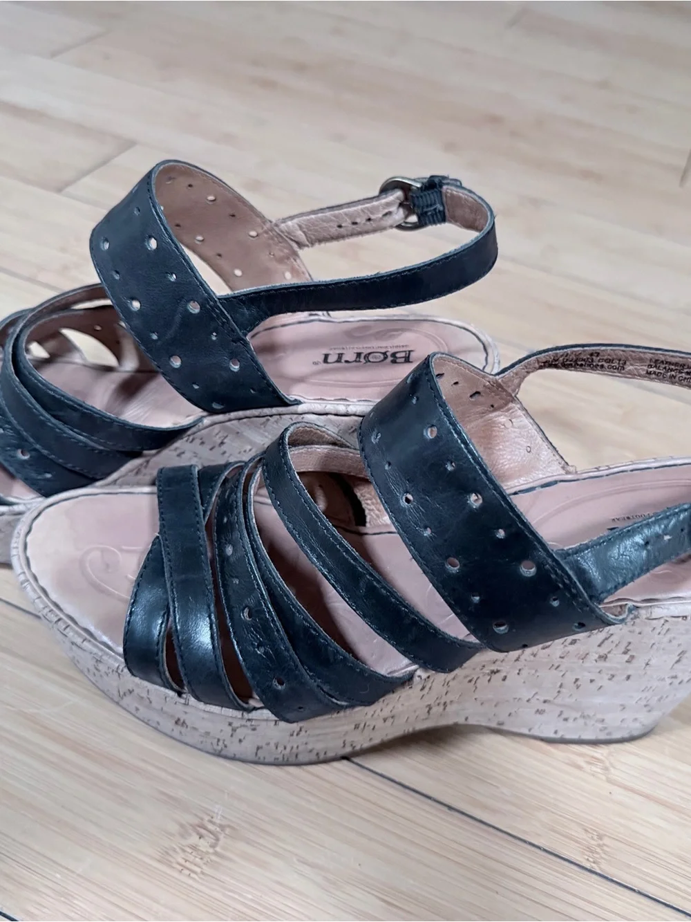 Born Black Leather Perforated Wedge Sandals
